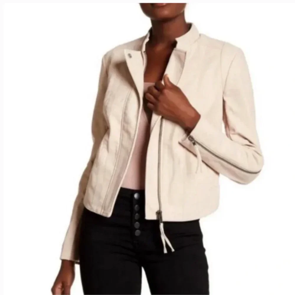 Free People Nude Blush Rose Pink Vegan Leather Motorcycle Full-zip Jacket. 6